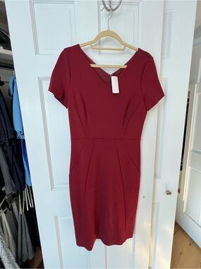 Brooks Brothers Burgundy Short-Sleeve V-Neck Midi Sheath Dress